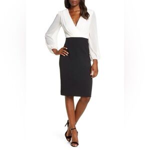 Harper Rose Size 4 Black White Faux Wrap Long Sleeve Sheath Dress Knee Length